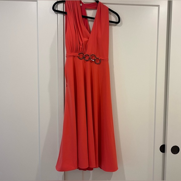 HALSTON HERITAGE Crepe Halter Rings Embellished Sleeveless Jersey Dress Coral, 0 - Picture 4 of 10